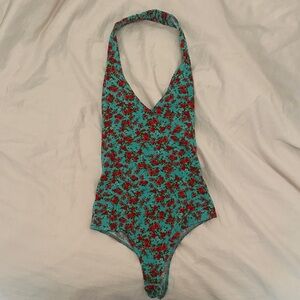 Guess Turquoise One-Piece Swimsuit with Red Floral Print